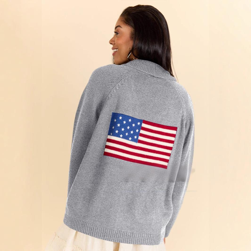 Women's American Flag Knit Patriotic Cardigan Sweater V-Neck