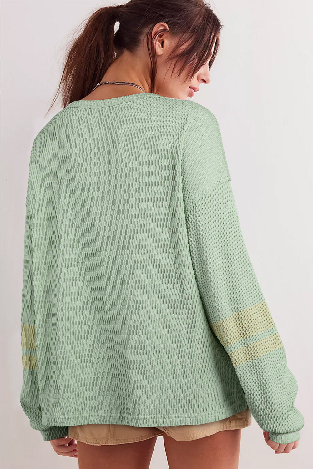 Meadow Mist Green Textured Knit Drop Shoulder Color Block Detail Long Sleeve Henley Top