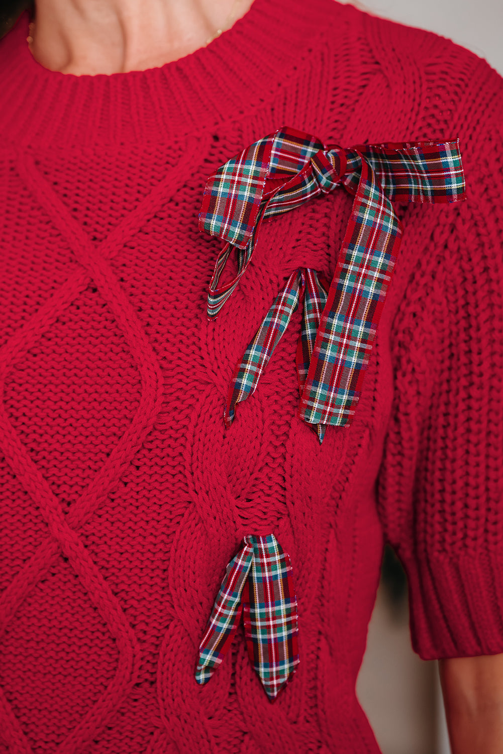 Plaid Lace up Detail Christmas Holiday Puff Short Sleeve Sweater