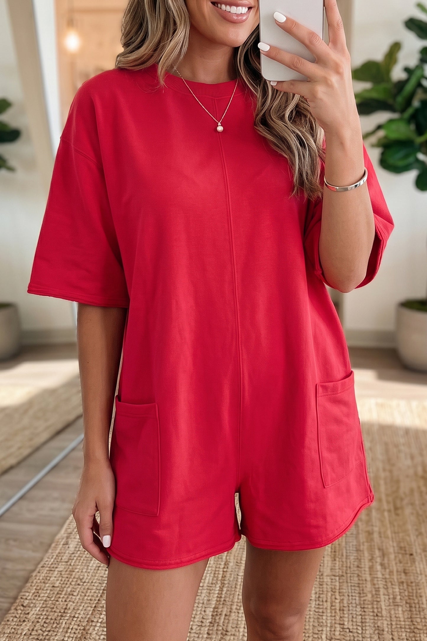 Solid Cotton Romper Shift Half Sleeve Casual Daily