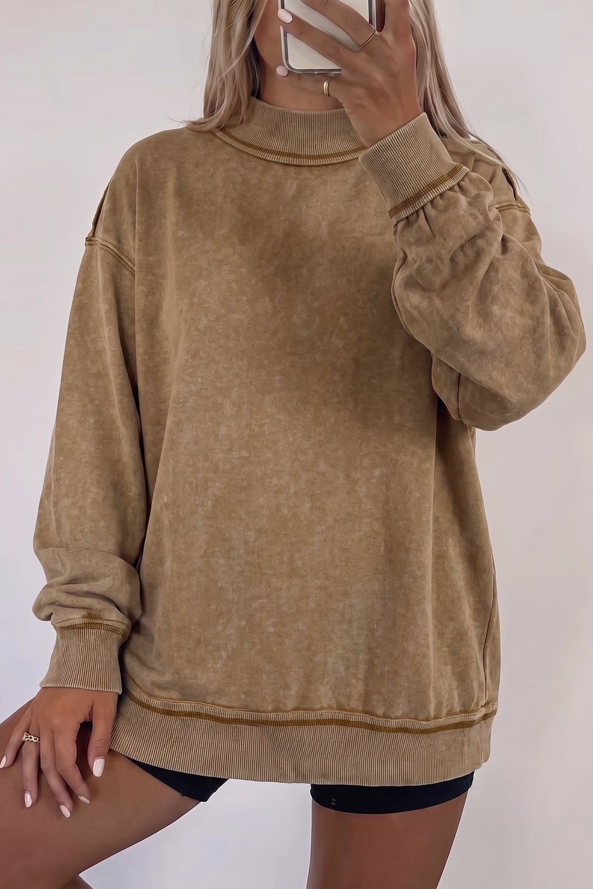 Brown High Neck Long Sleeve Toner Washed Vintage Sweatshirt