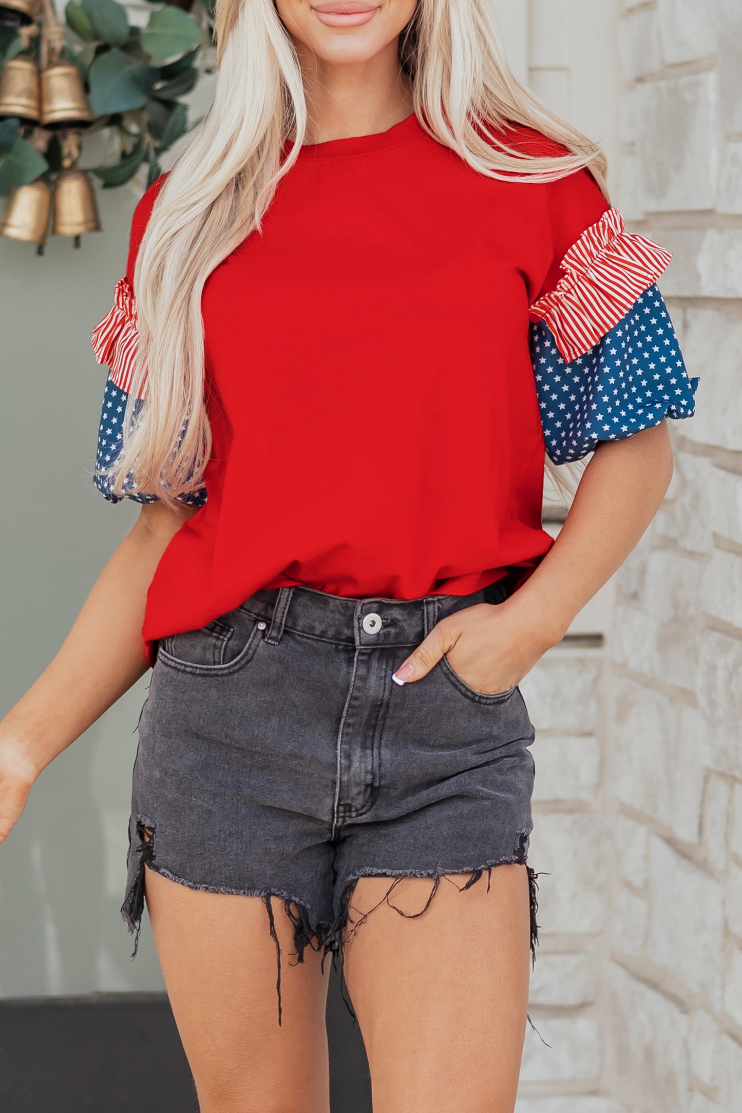 Fiery Red Stars Stripes Short Puff Sleeve Top