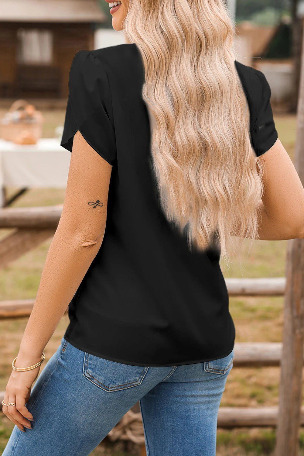 Black Silky Notched Neckline Petal Sleeve Blouse