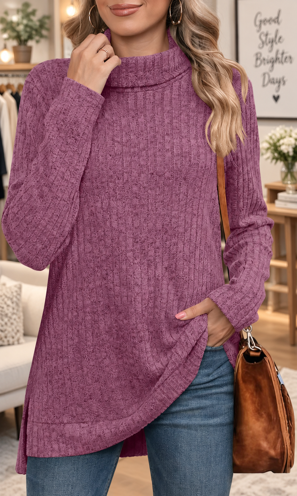 Women's Oversized Ribbed Turtleneck Long Sleeve Slit Tunic