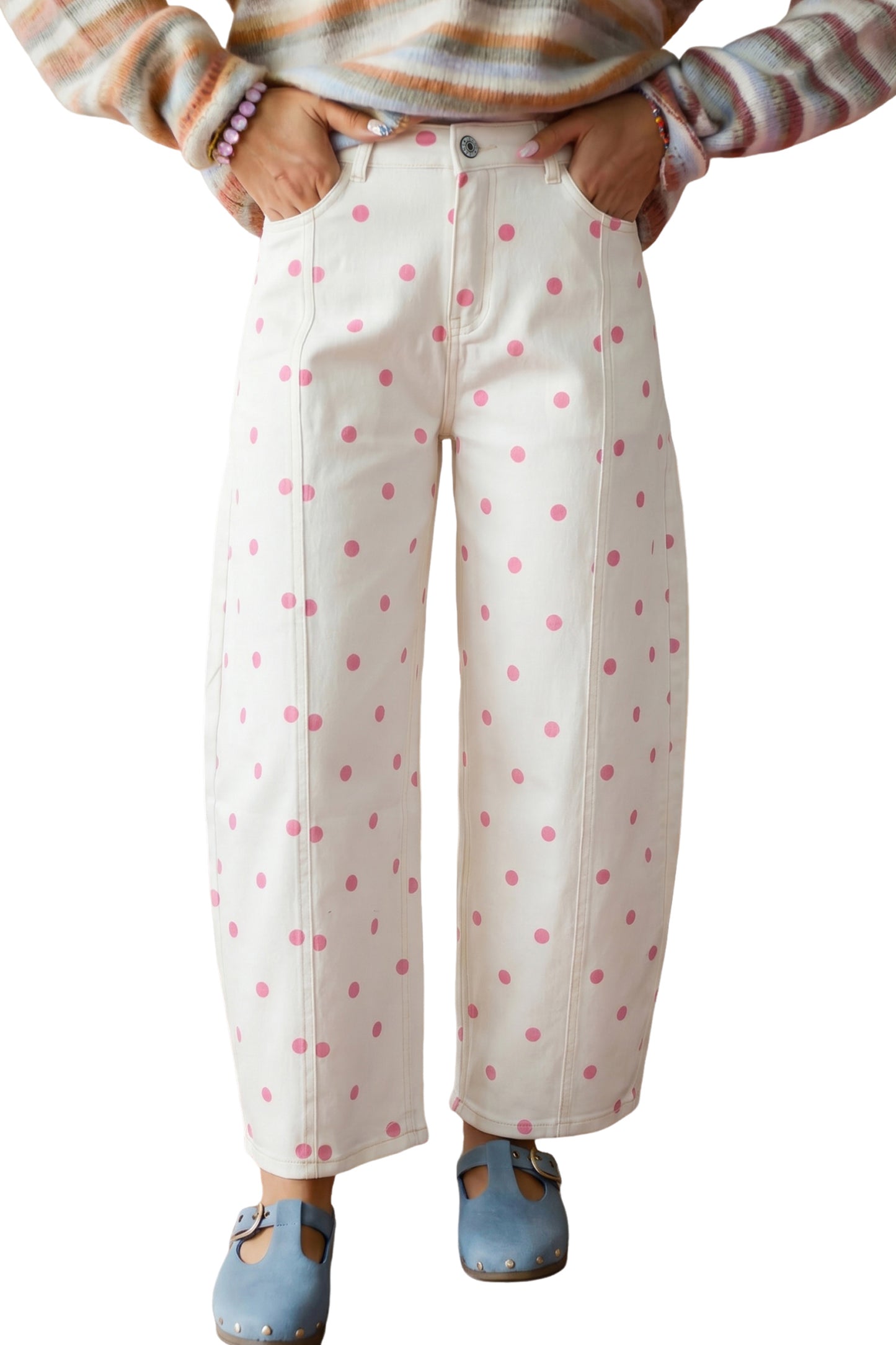 Polka Dot Cotton Jeans Casual High Waist Wide Leg