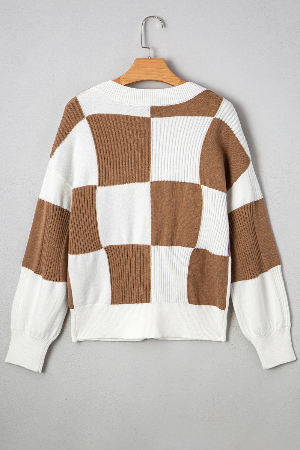 Khaki Checkered Pattern Ribbed Detail Button V Neck Sweater Cardigan