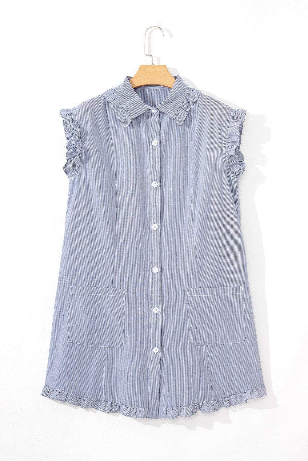 Blue Stripe Frilled Sleeveless Collar Front Pocket Button Up Mini Dress