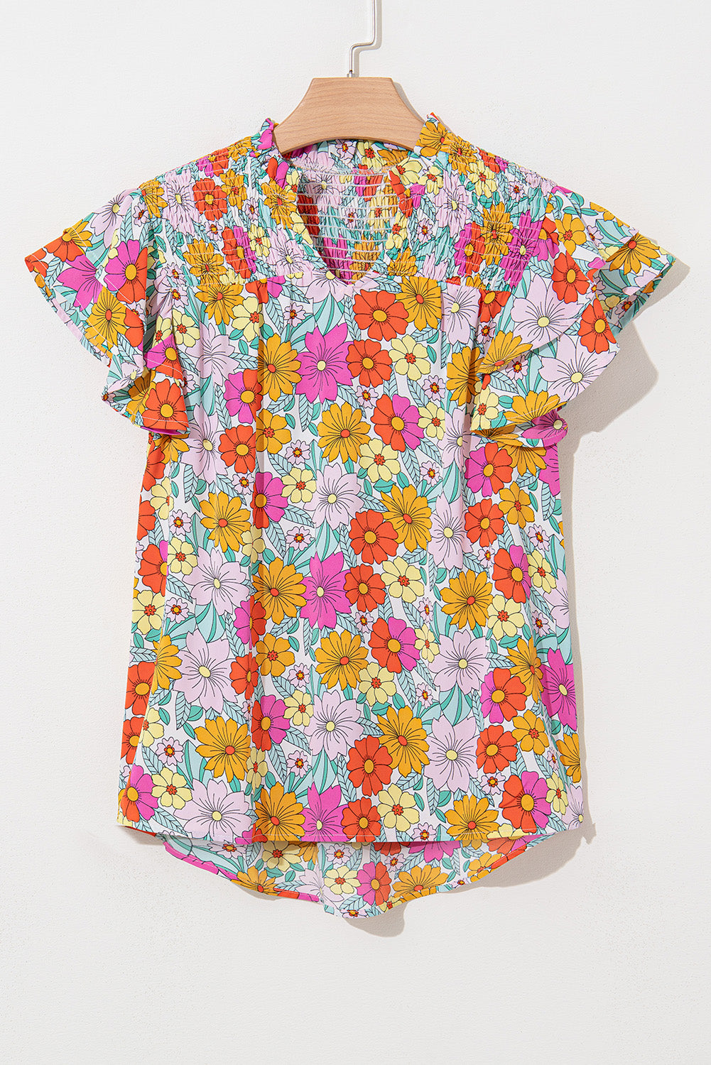 Yellow Floral Print Shirred Tiered Ruffled Sleeve Blouse