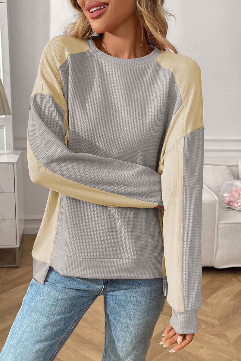 Colorblock Waffle Knit Crewneck Long Sleeve Top Women