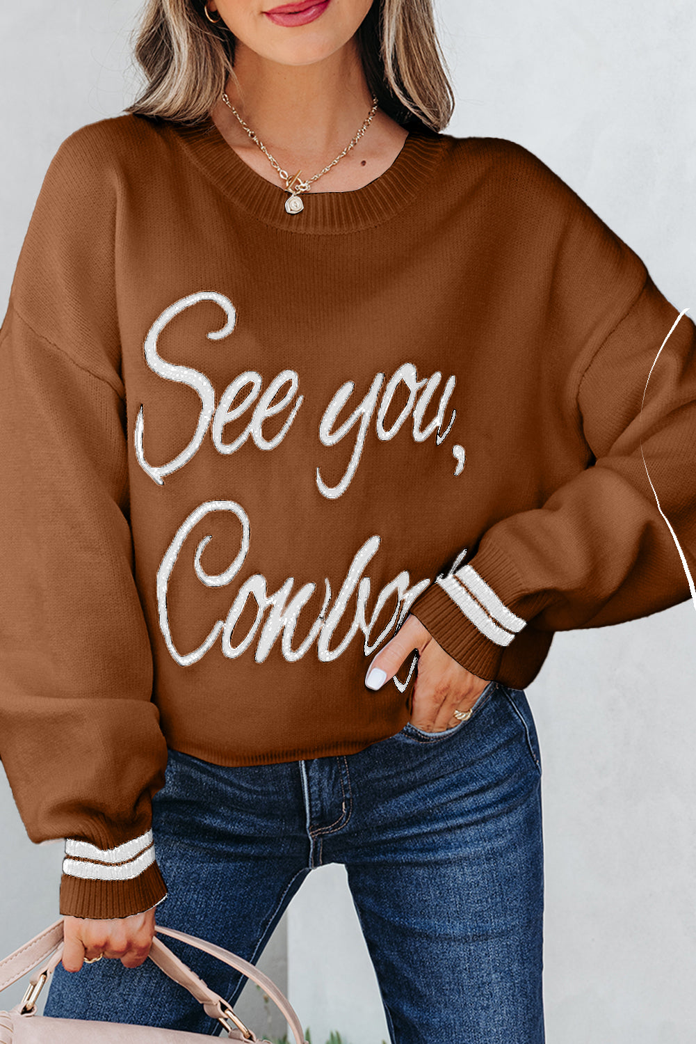 White See You Cowboy Embroidered Western Graphic Sweater