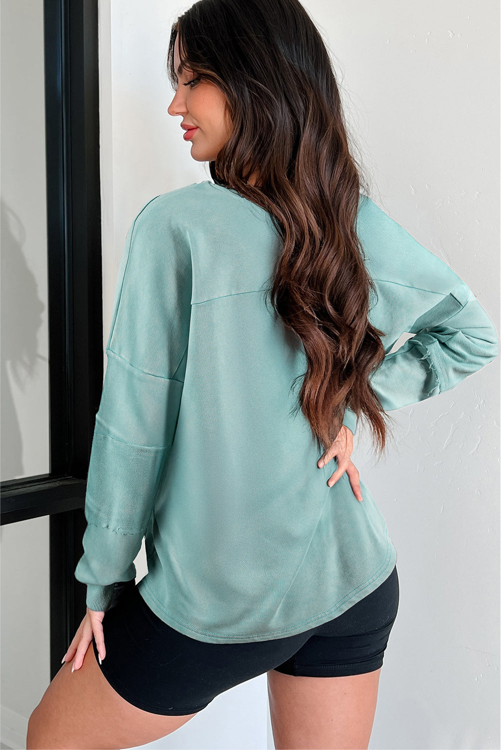 Carbon Grey Mineral Wash Exposed Seam Buttoned V Neck Pullover Top