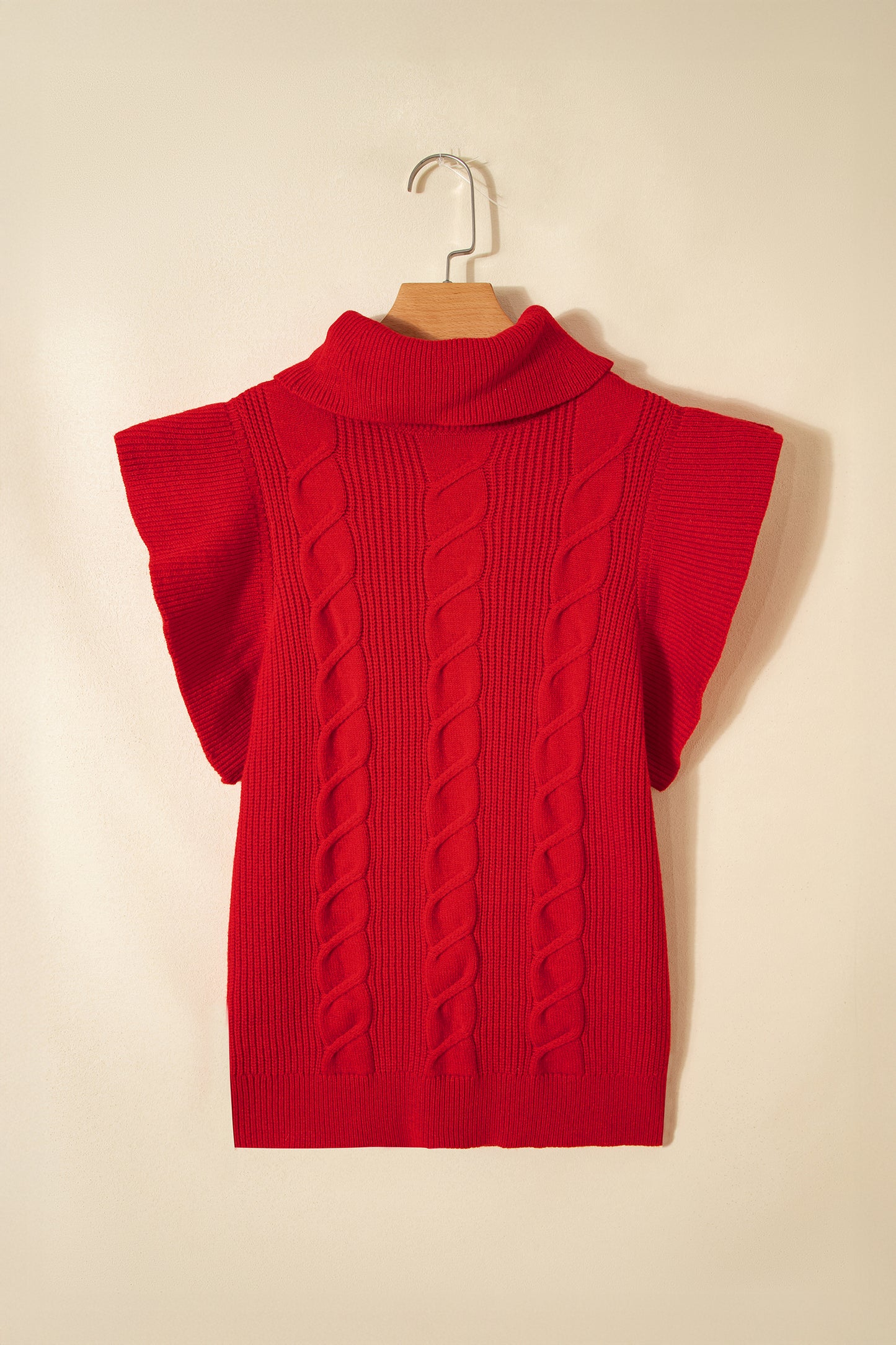 Jet Stream Cable Knit Turtleneck Ruffled Short Sleeve Sweater