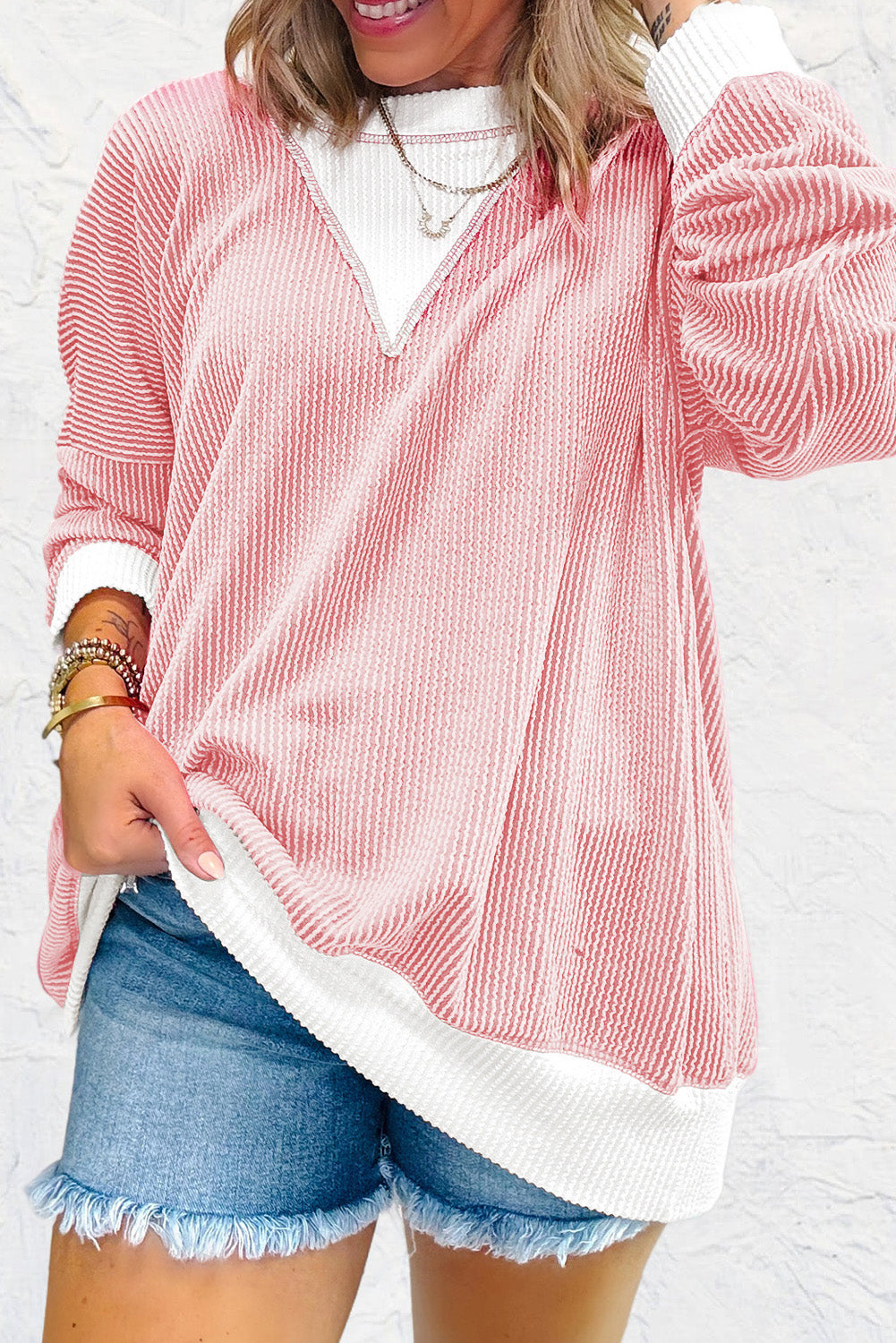 Blossom Corded Colorblock Drop Shoulder Loose Top