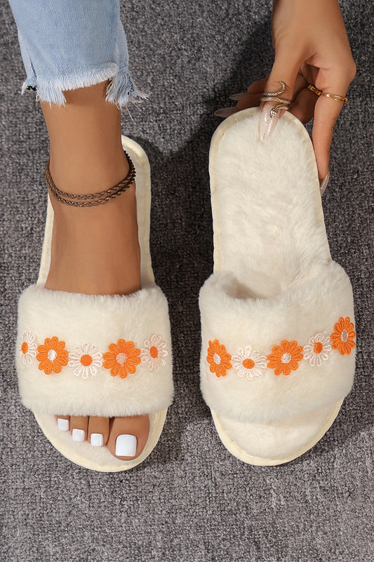 White Cute Daisy Flower Patched Plush Open Toe House Slippers