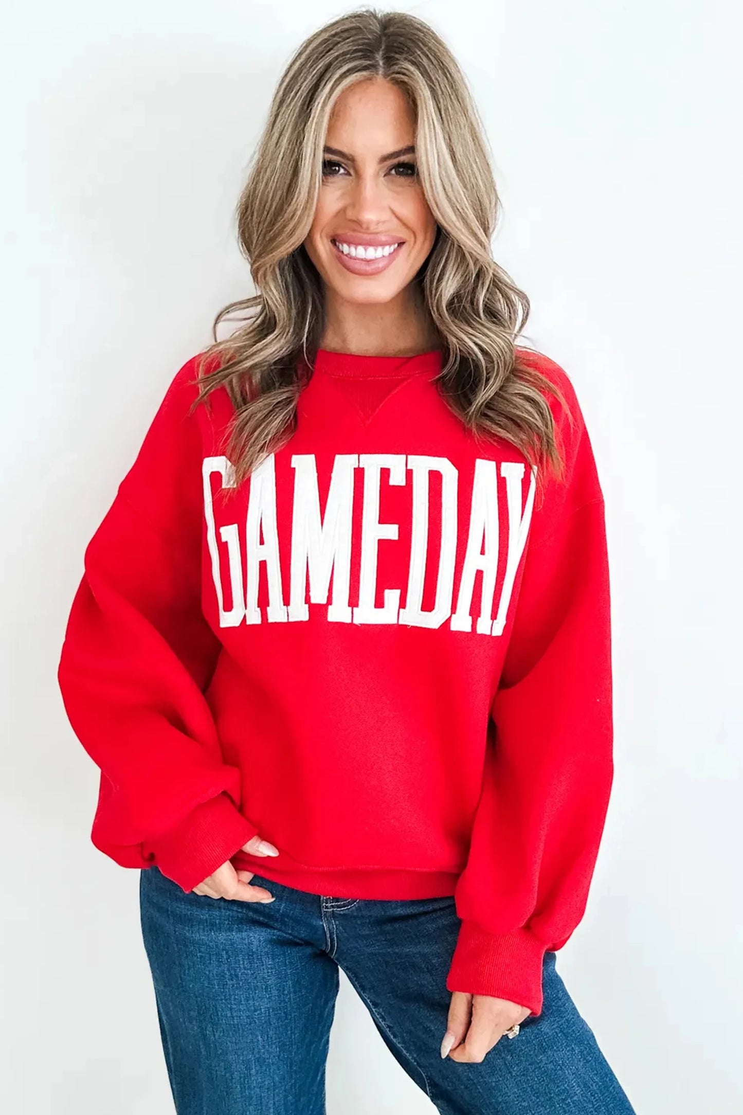 GAMEDAY Embroidered Patch Pattern Casual Shift Sweatshirt