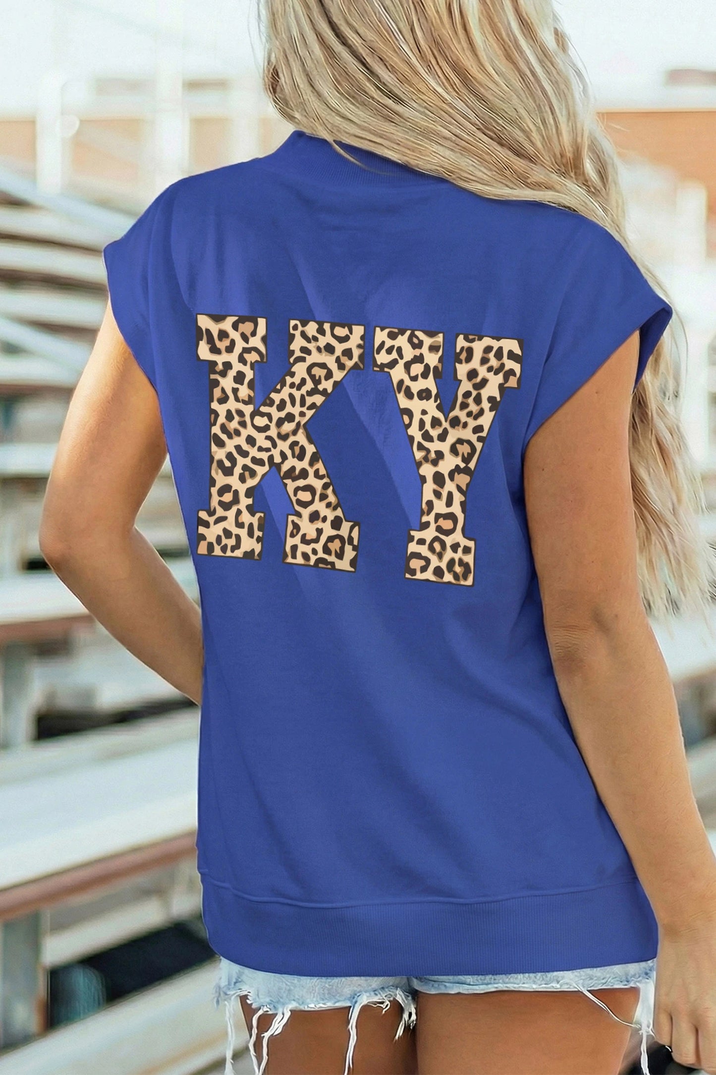 Sky Blue KENTUCKY Leopard KY Double Side Printed Mock Neck Tee