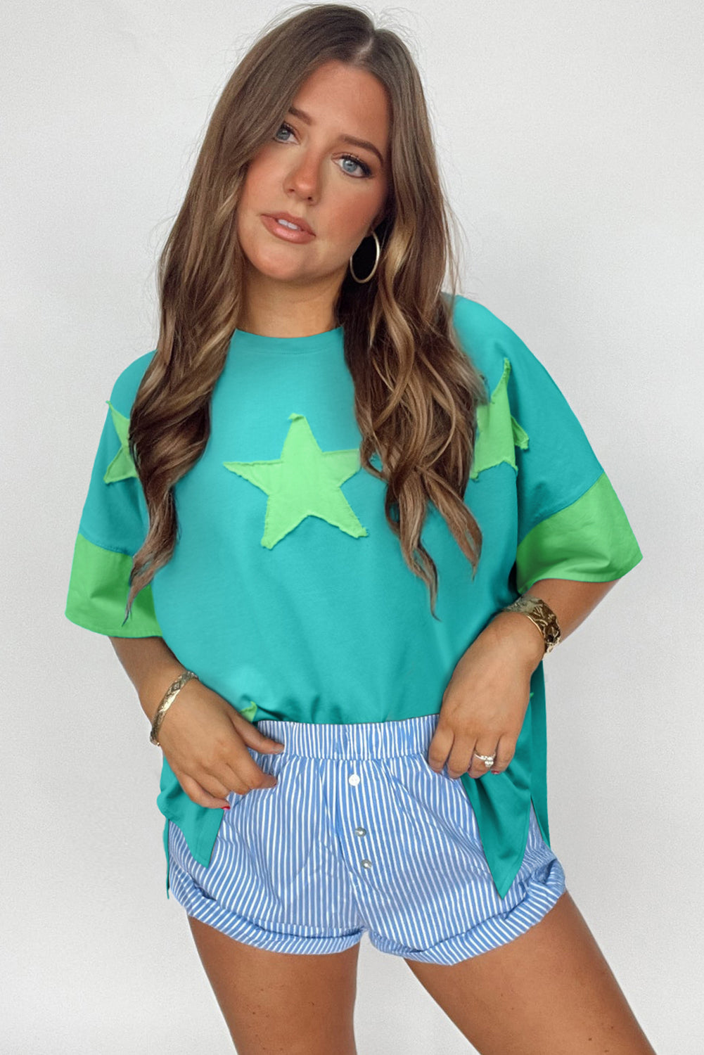 Smoke Green Frayed Denim Star Patched Oversize T Shirt