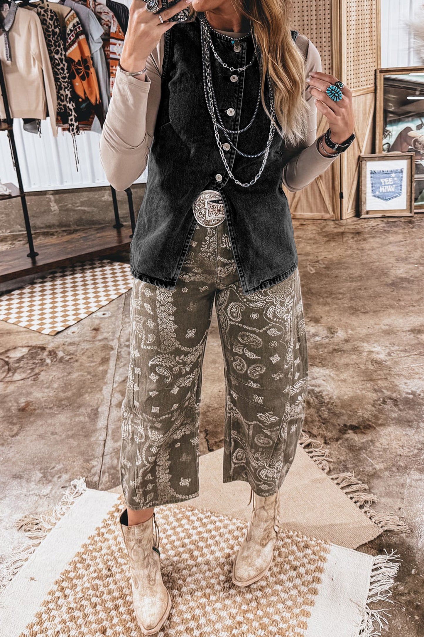Solid Denim Vest Western Button Front Layering Top
