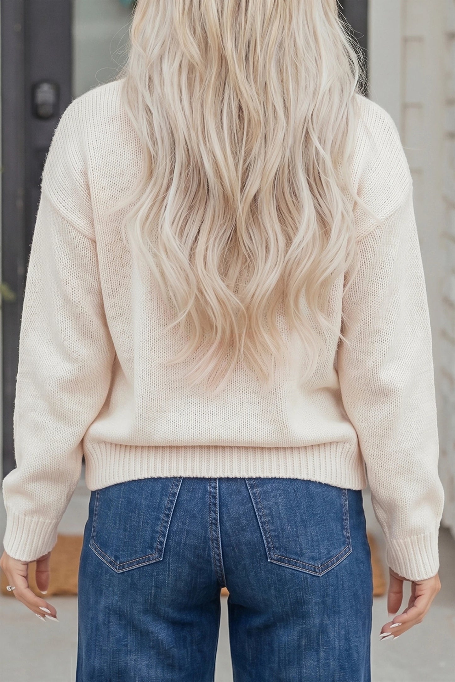 Beige Go Team Football Sweater Drop Shoulder Knit Top