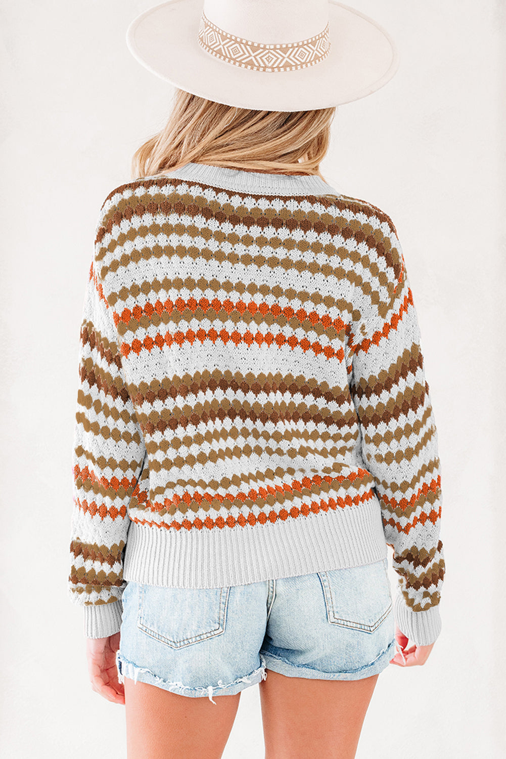 Khaki Stripe Eyelet Patterned Drop Shoulder Sweater