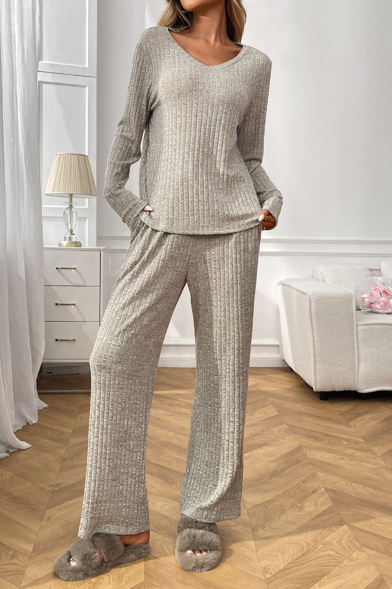 Ribbed Knit Lounge Set with V Neck and Wide Pants