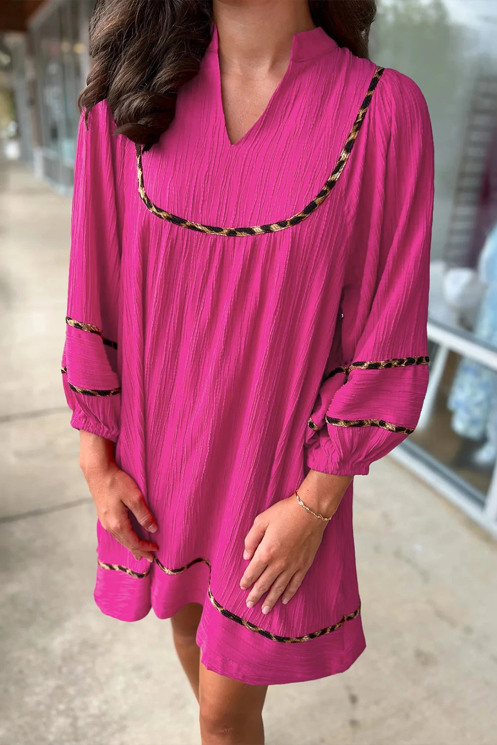 Fiery Red Textured V Neck Leopard Contrasted Trim Long Sleeve Shift Mini Dress