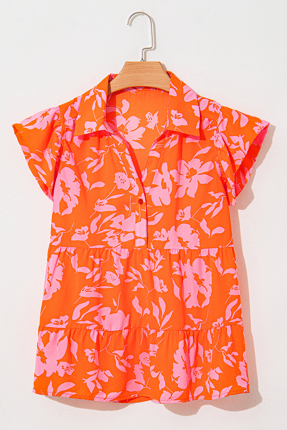 Orange Floral Print Collared Button Neckline Flutter Sleeve Blouse