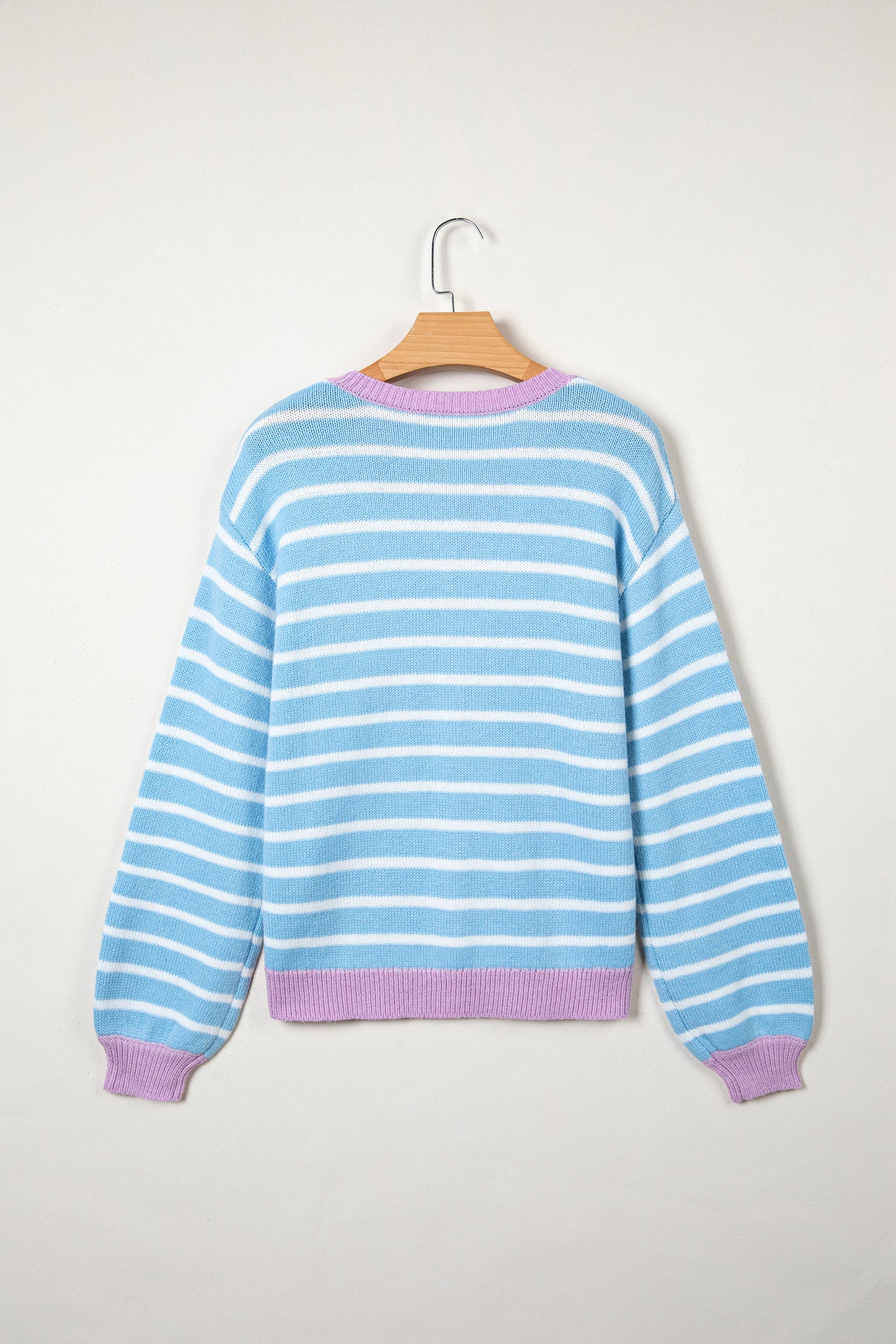 Sky Blue Stripe Contrast Trim Button Down Casual Sweater Cardigan