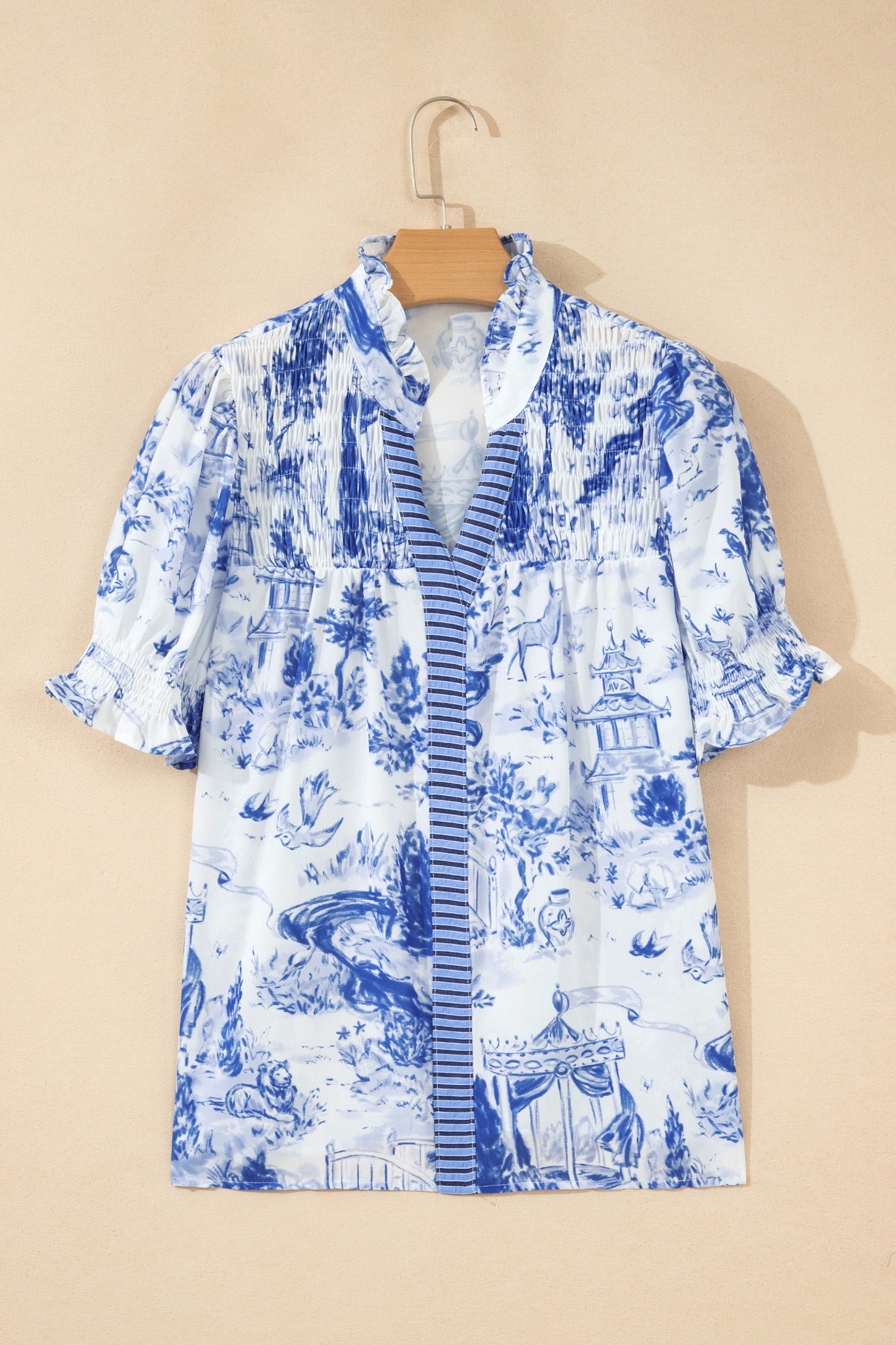 Striped Polyester Blouse Abstract Shift Short Sleeve