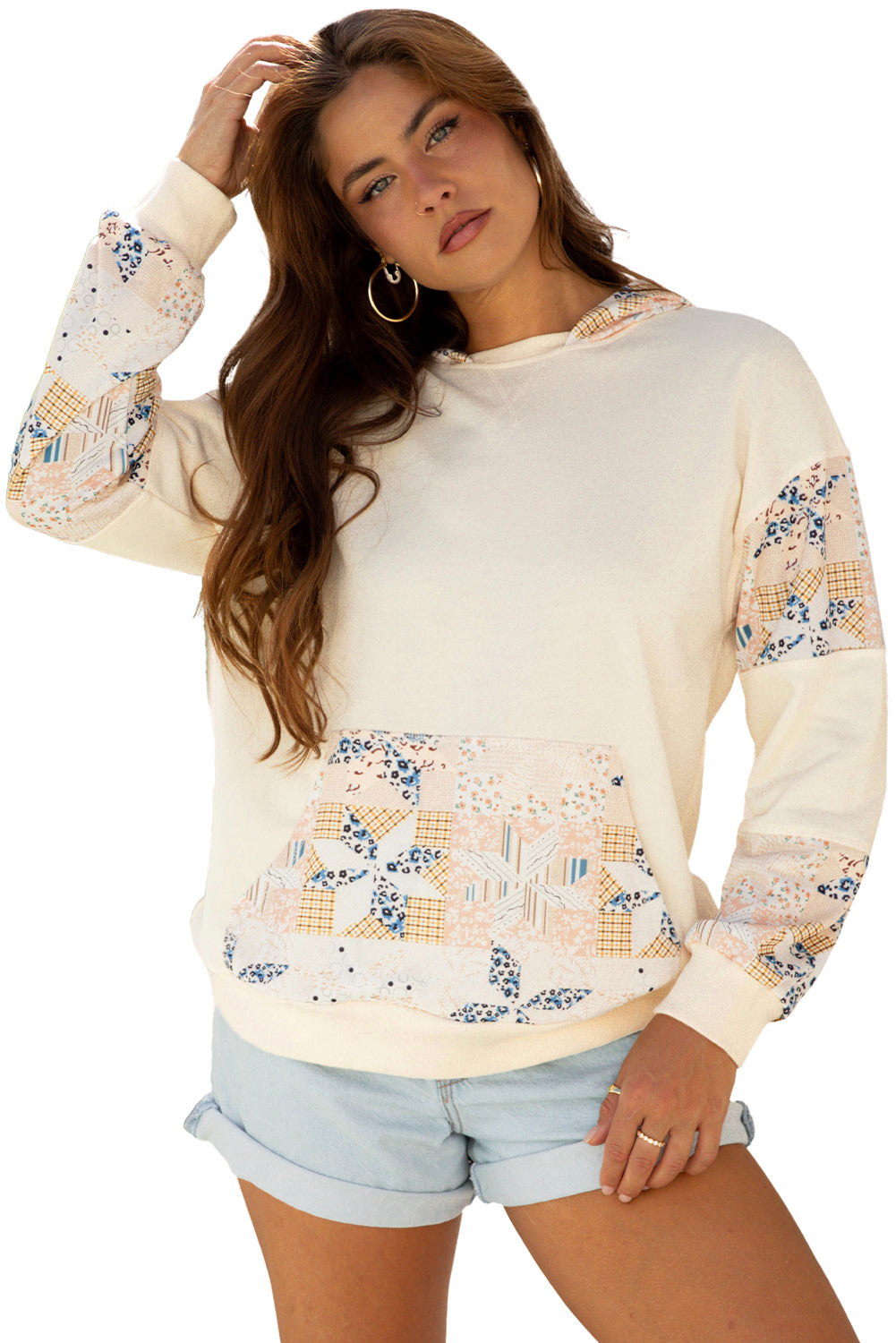 Beige Western Geo Pattern Patchwork Hoodie with Kangaroo Pocket