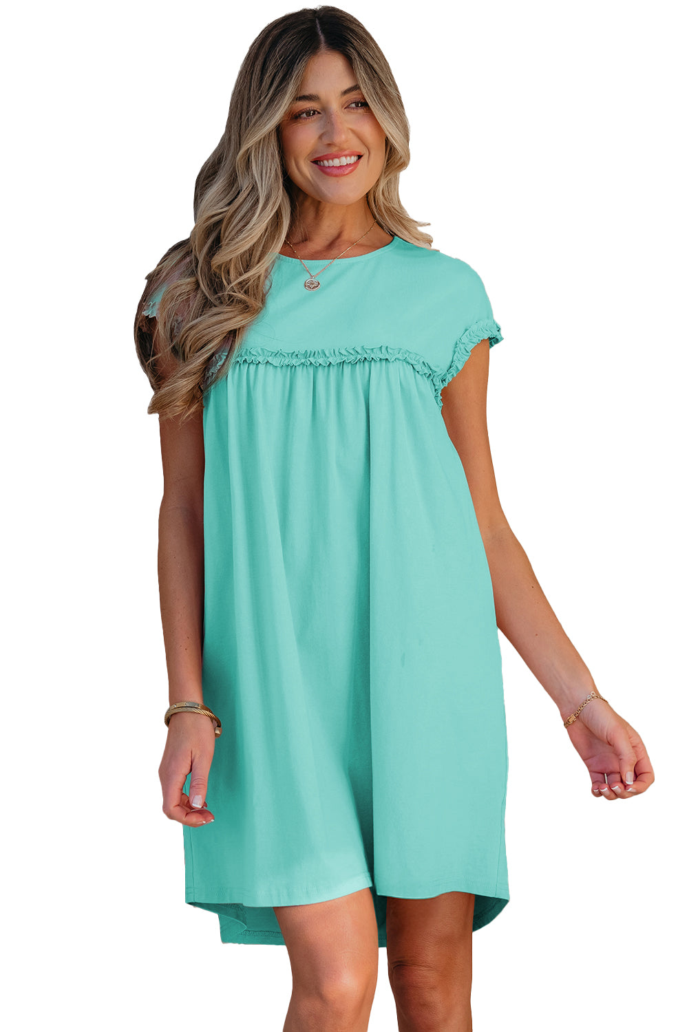 Oatmeal Frilled Trim Crew Neck Loose Fit Mini Dress