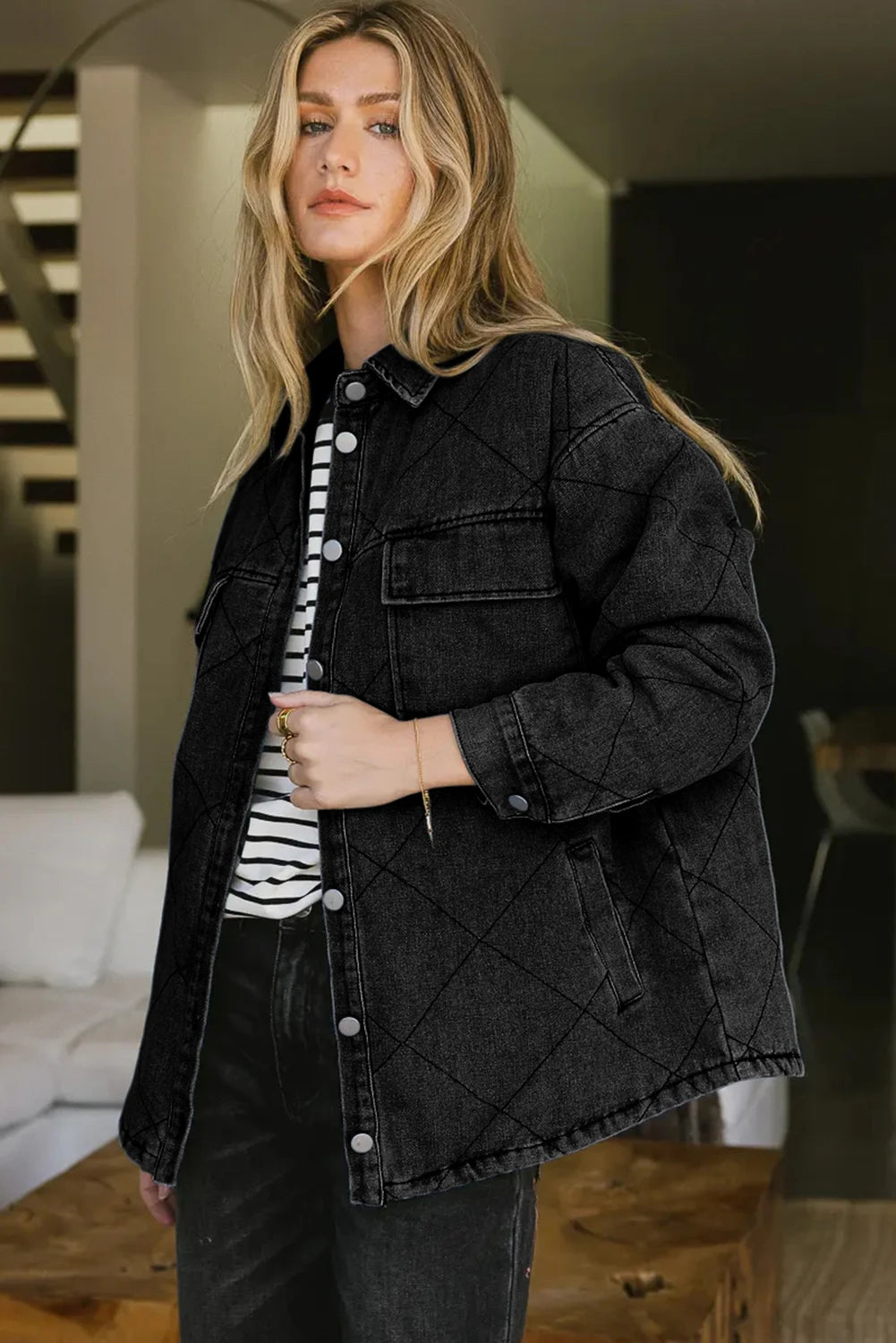 Black Rhombus Stitched Pattern Button Pocketed Denim Jacket