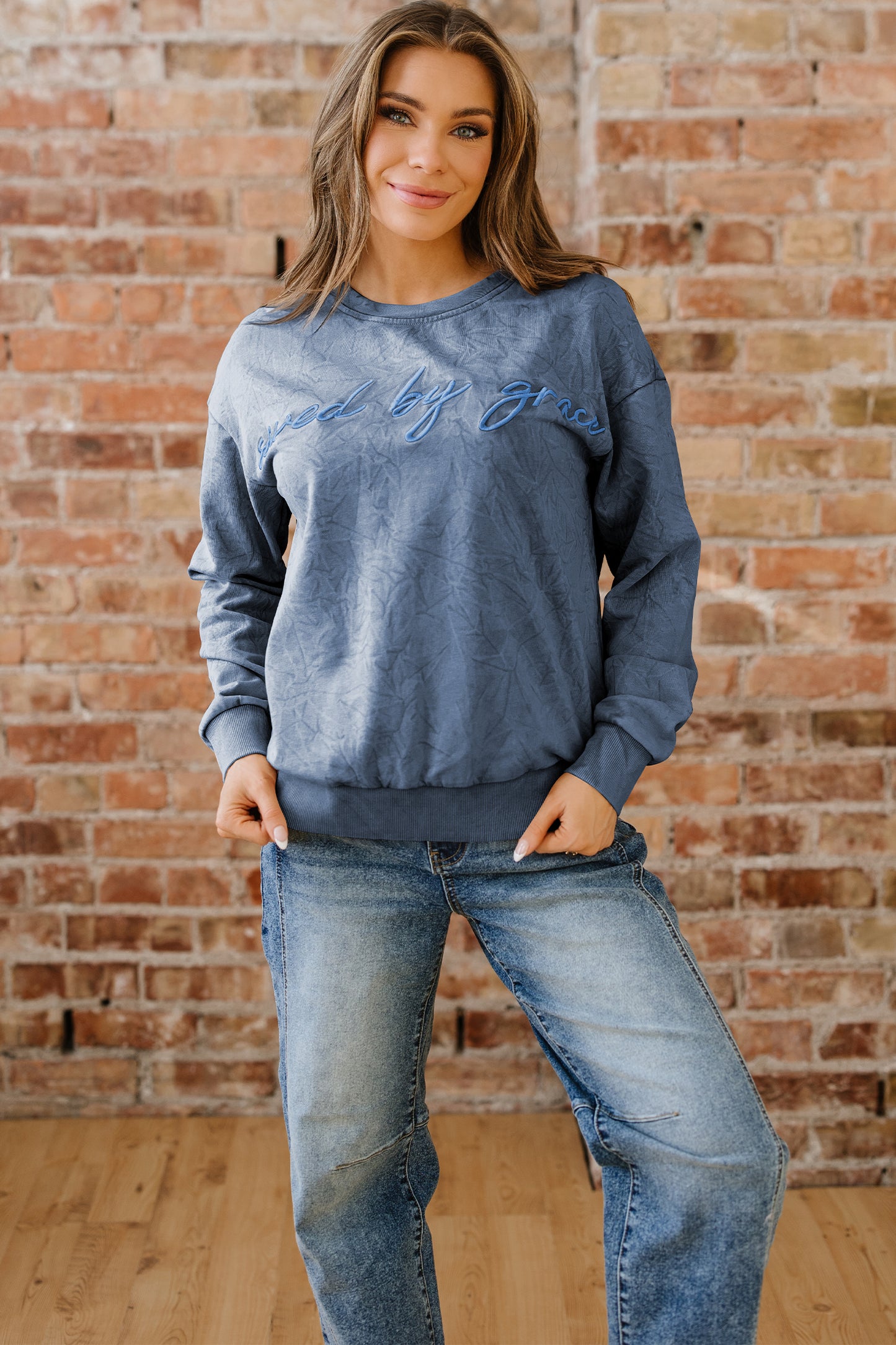 Saved by grace Letter Embroidery Mineral Wash Loose Sweatshirt