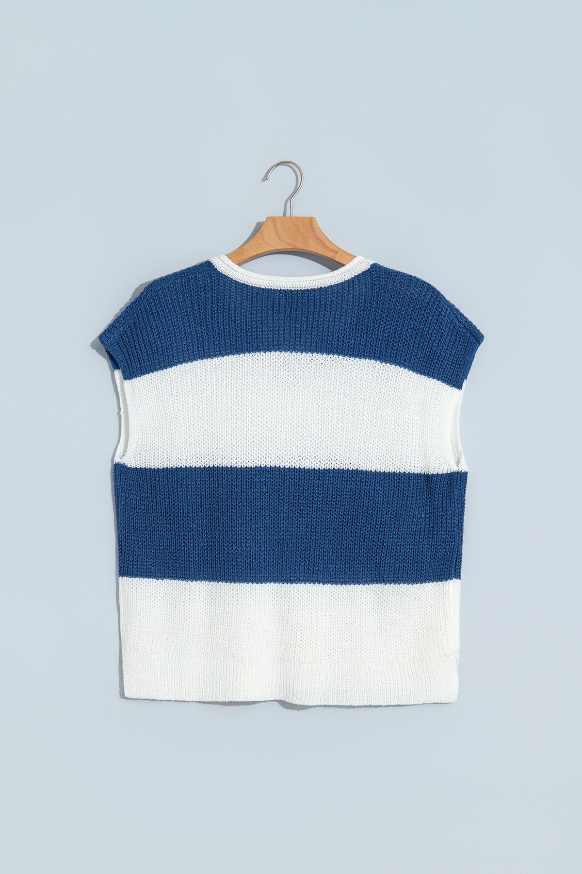 Blue Stripe Striped Colorblock Knit V Neck Short Sleeve Loose Sweater