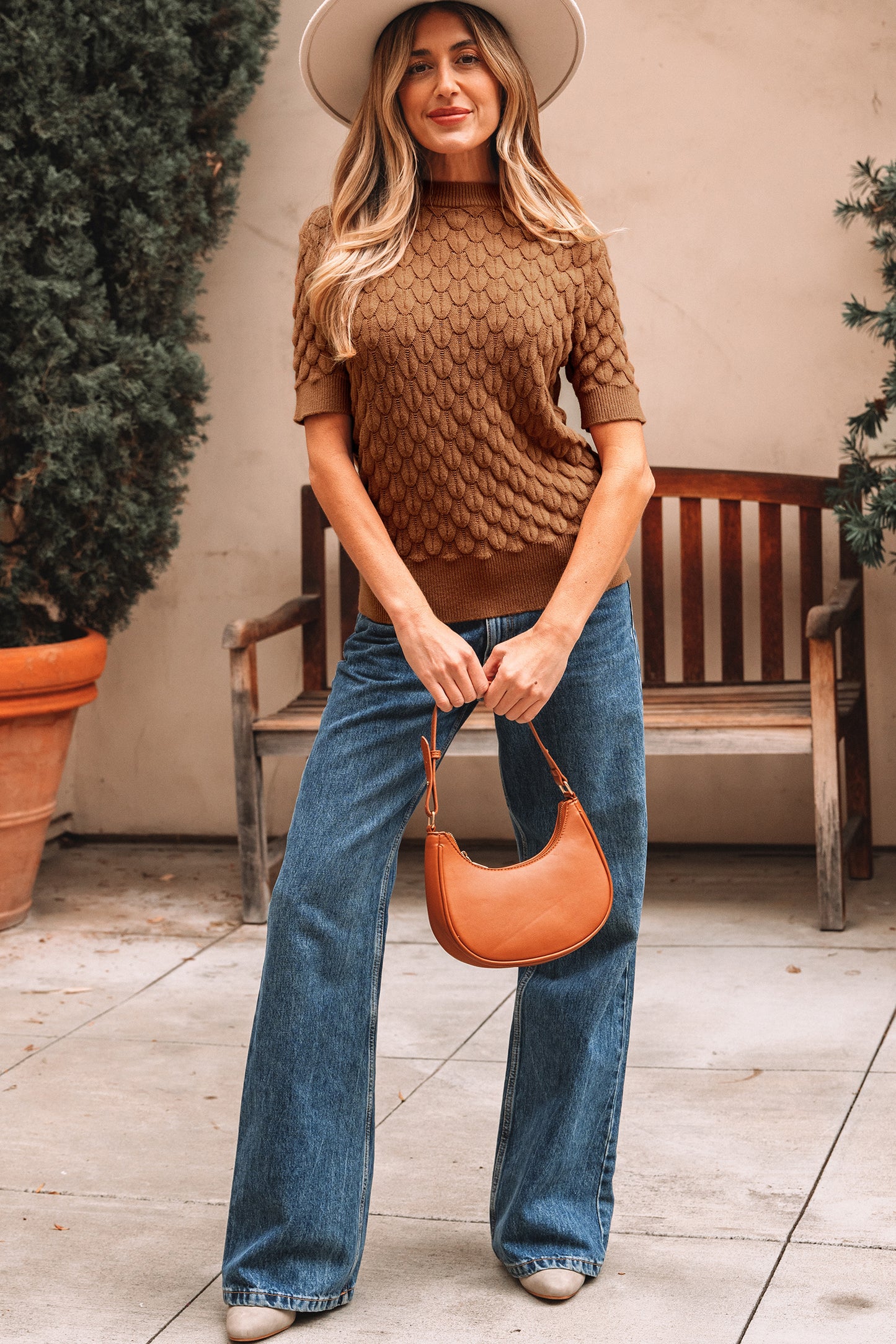 White Fish Scale Textured Knit Ribbed High Neck Short Sleeve Sweater