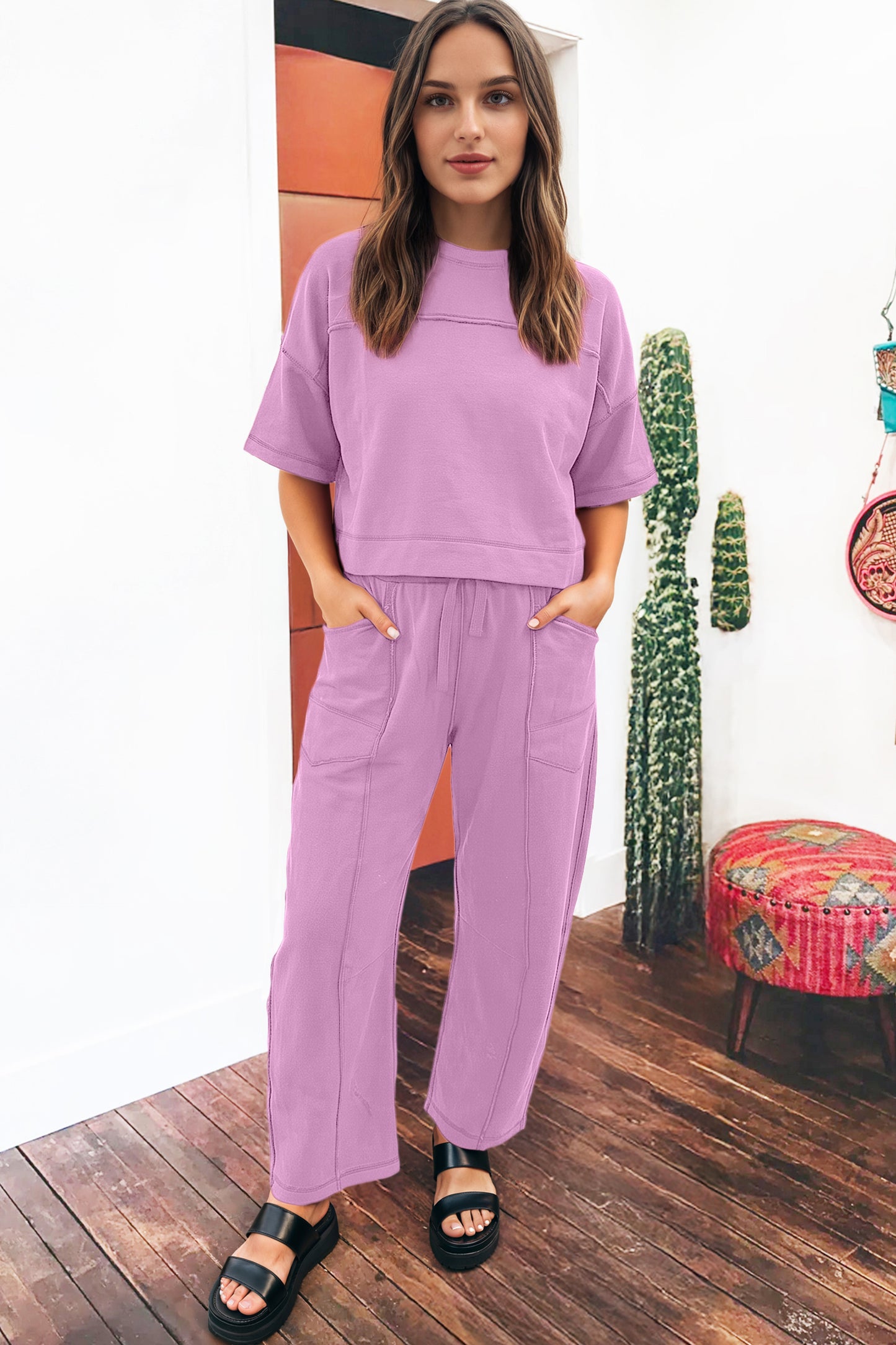 Sky Blue Drop Shoulder Boxy Tee and Barrel Pants Set