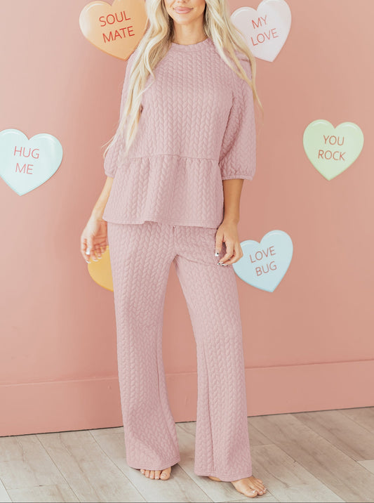 Delicacy Braided Texture Ruffle Hem Top Drawstring Loose Pants Set
