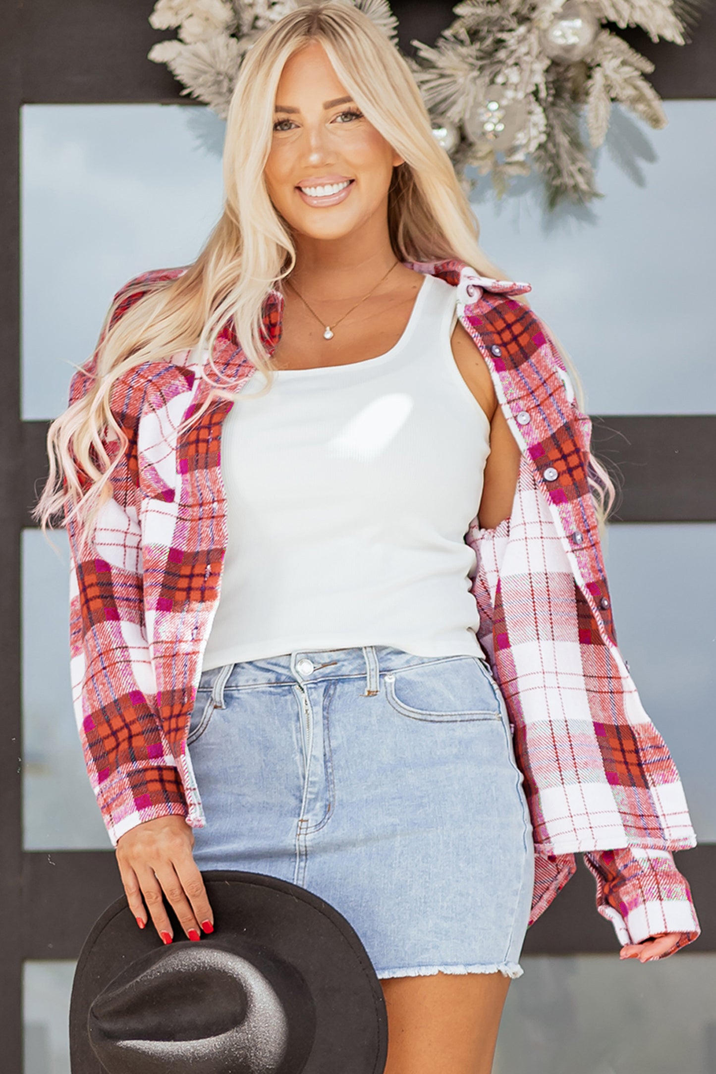 Red Christmas Plaid Casual Flannel Shacket