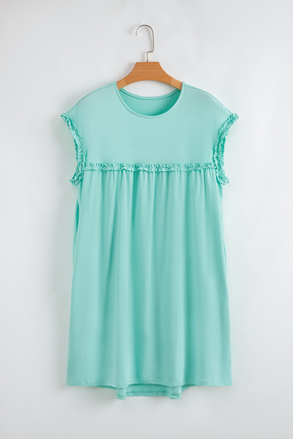 Oatmeal Frilled Trim Crew Neck Loose Fit Mini Dress