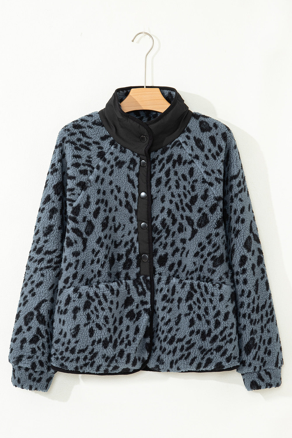Cow Print Buttoned Stand Collar Fleece Jacket