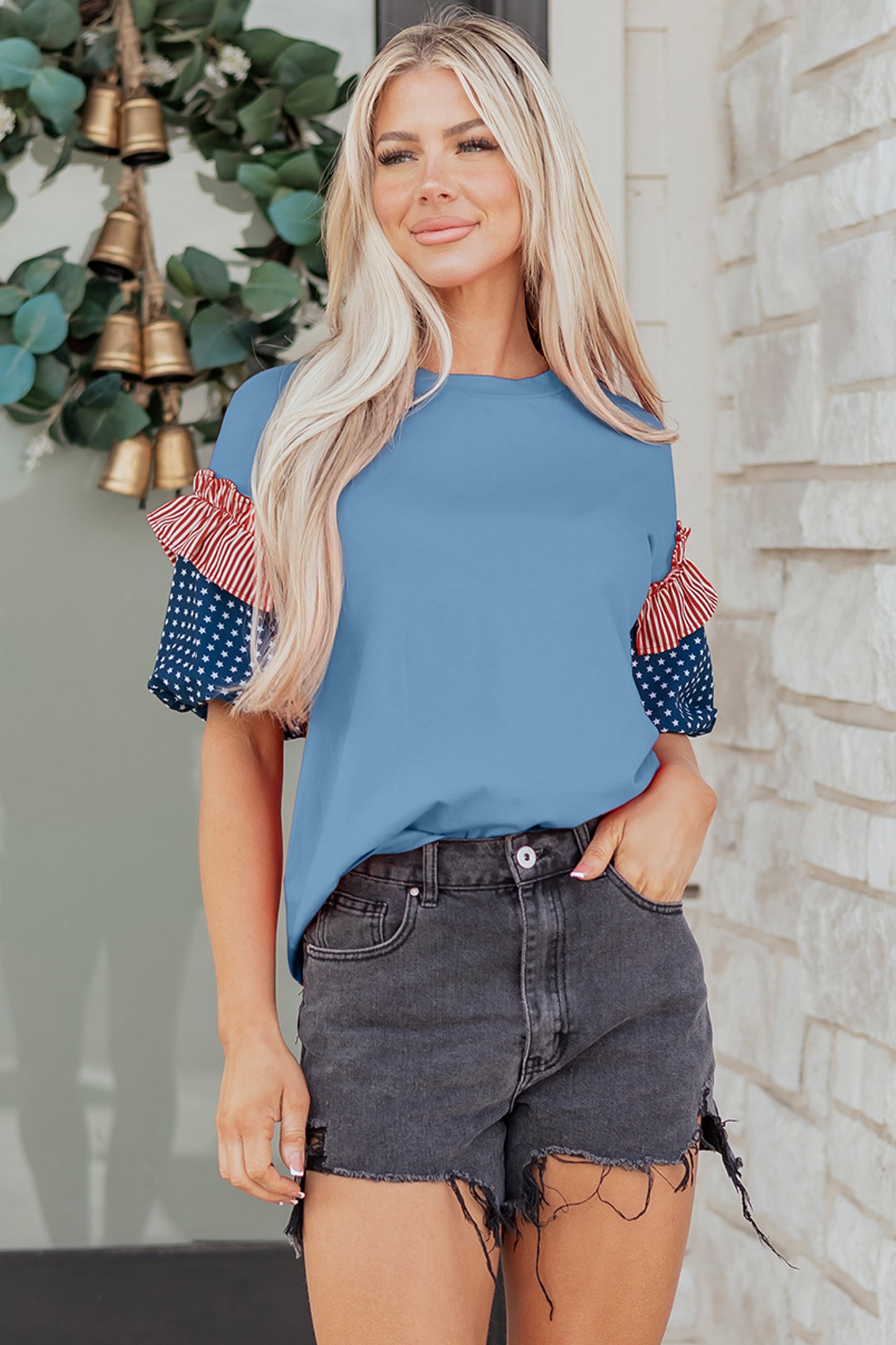 Fiery Red Stars Stripes Short Puff Sleeve Top