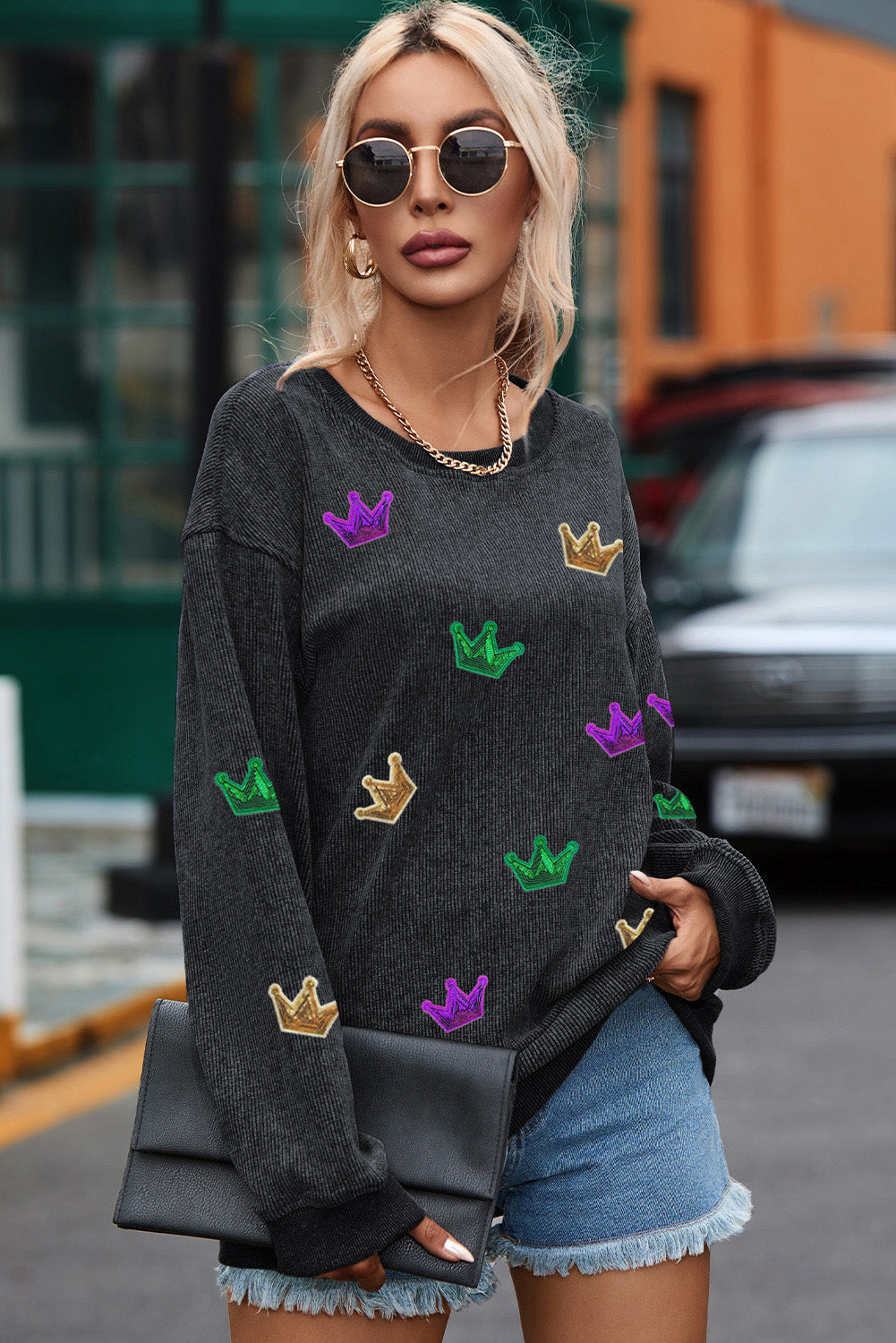 Black Mardi Gras Crown Sequin Patch Corded Baggy Sweatshirt