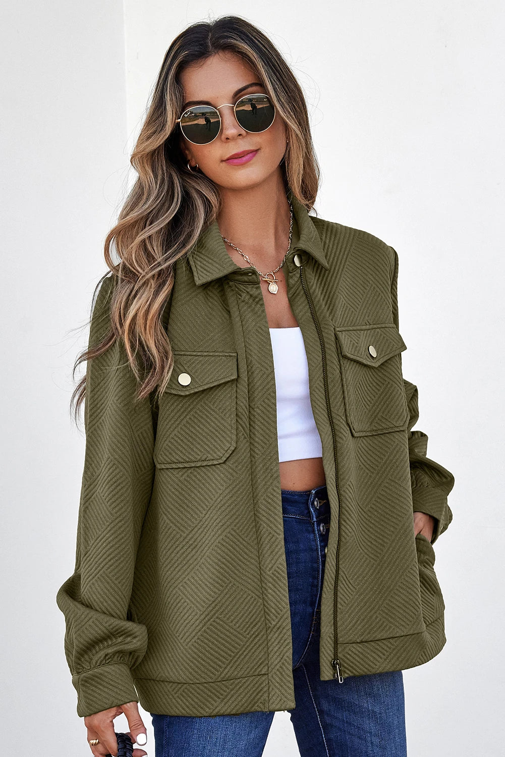 Blackish Green Solid Color Zip Up Button Flap Pocket Shirt Collar Jackets