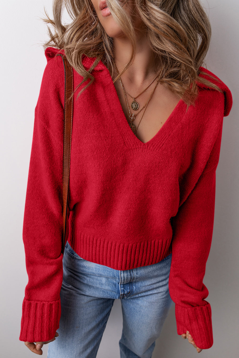 Flamingo Collared V Neck Ribbed Edge Sexy Elegant Sweater