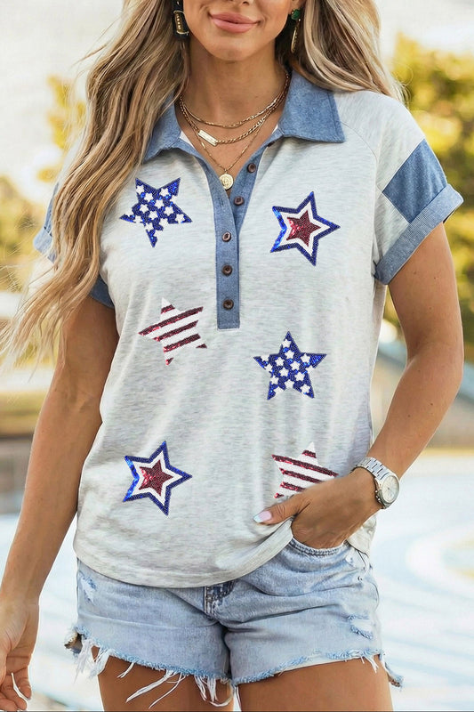 Light Grey Color Block Polo Neck Patriotic Sequin Star Graphic Polo Tee