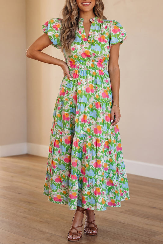 Floral Cotton Dress Casual Short Sleeve High Waist Shift