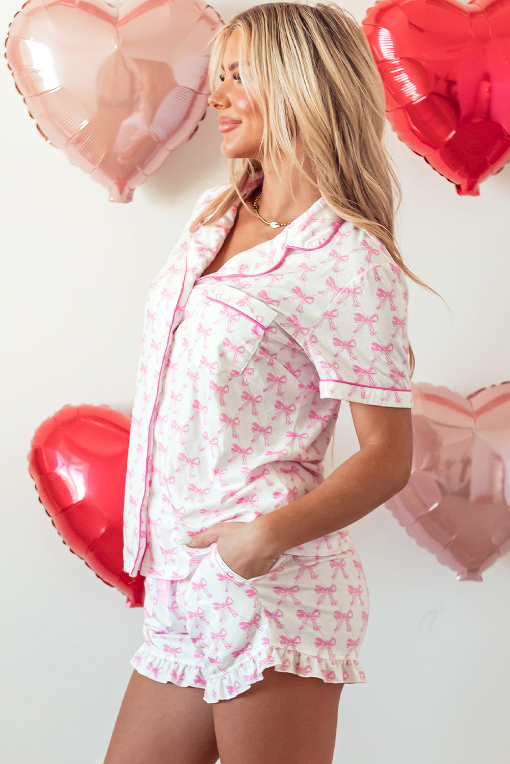 Bowknot Printed Short Sleeve and Ruffled Shorts Valentines Pajama Set
