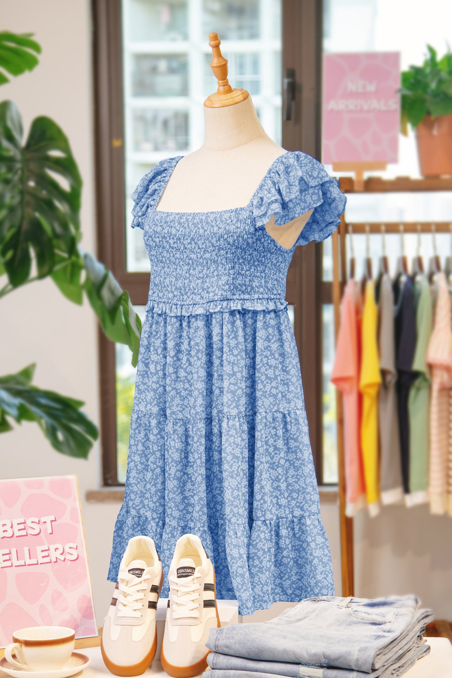 Sky Blue Floral Print Square Neck Flutter Sleeve Smocked Tiered Mini Dress