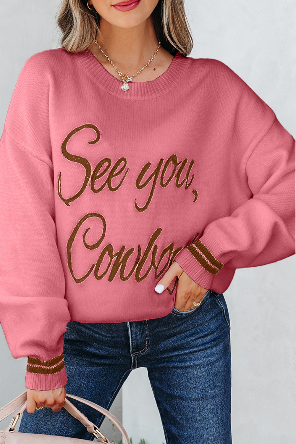 White See You Cowboy Embroidered Western Graphic Sweater