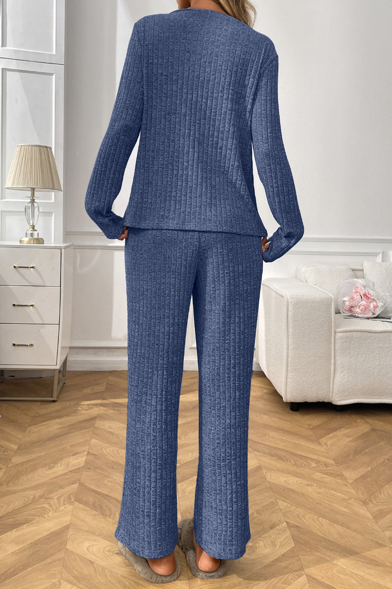 Ribbed Knit Lounge Set with V Neck and Wide Pants